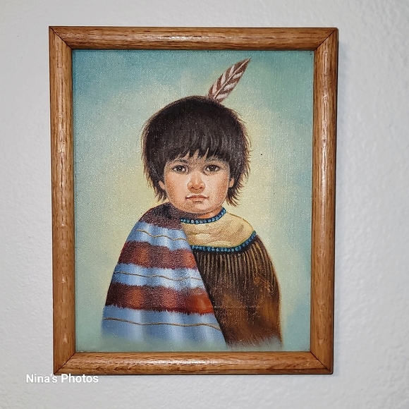 VTG Native American Oil Painting OnCanvas Child Boy W/ Feather Headdress 11x9